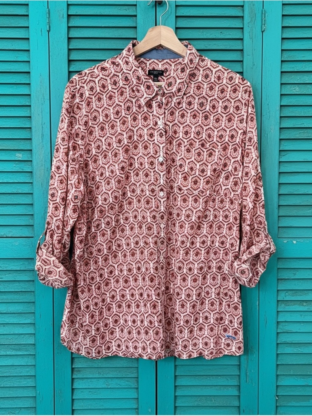 Talbots Tribal Geometric Roll-sleeve Shirt 20W Lightweight